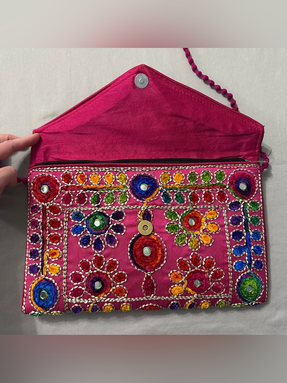 Maatangi Boho Embroidered Mirror Work Foldover Clutch Crossbody Purse Hot Pink - Picture 3 of 10